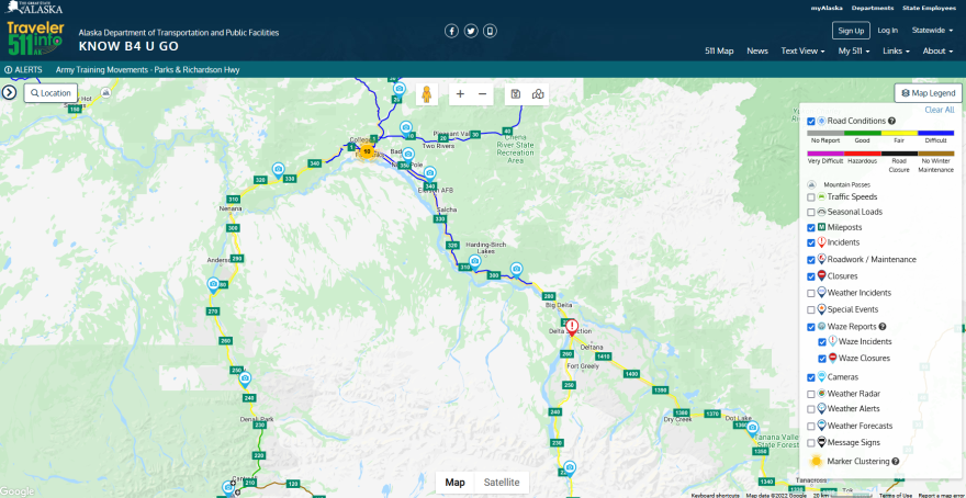 State Transportation Department officials will try to keep motorists advised of Army convoy movements on DOT's traveler information website, 511.alaska.gov. A green bar just under the page header states "Army training movements - Parks & Richardson Hwy."