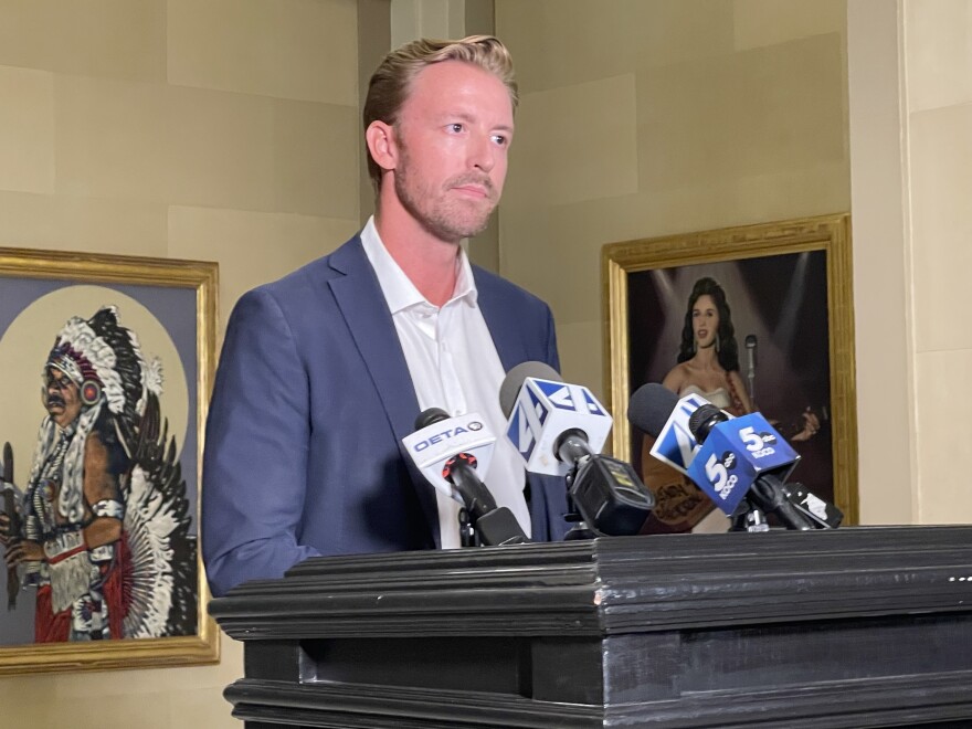 Oklahoma State Superintendent Ryan Walters speaks to reporters at the Oklahoma State Capitol on July 29.