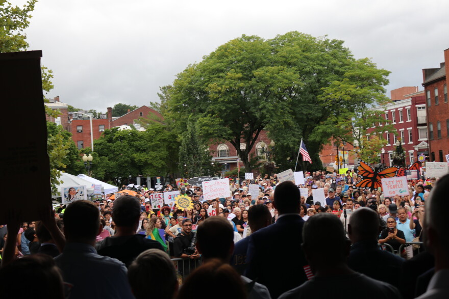 The view from behind the stage at a rally to protest ICE in Danbury, Connecticut on September 2, 2026.