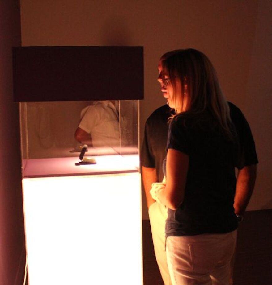 Viewers eye Dellinger's copy of Moon Museum chip at 2014 Bob Rauschenberg Gallery