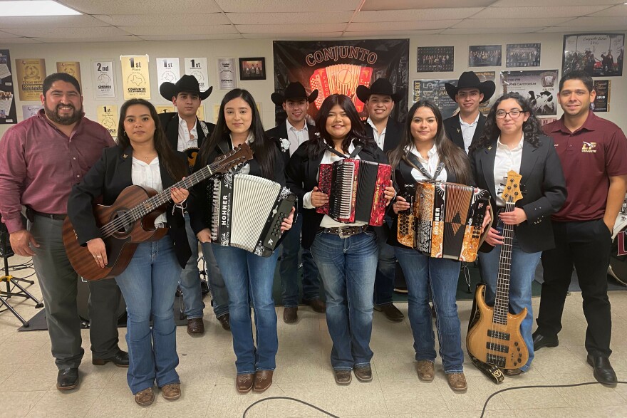 Student musicians of the varsity ensemble <em>Conjunto Halcón</em> make music that makes you "feel that thump," says band director Juan Longoria Jr. "You feel that want-to-get-up-and-dance."