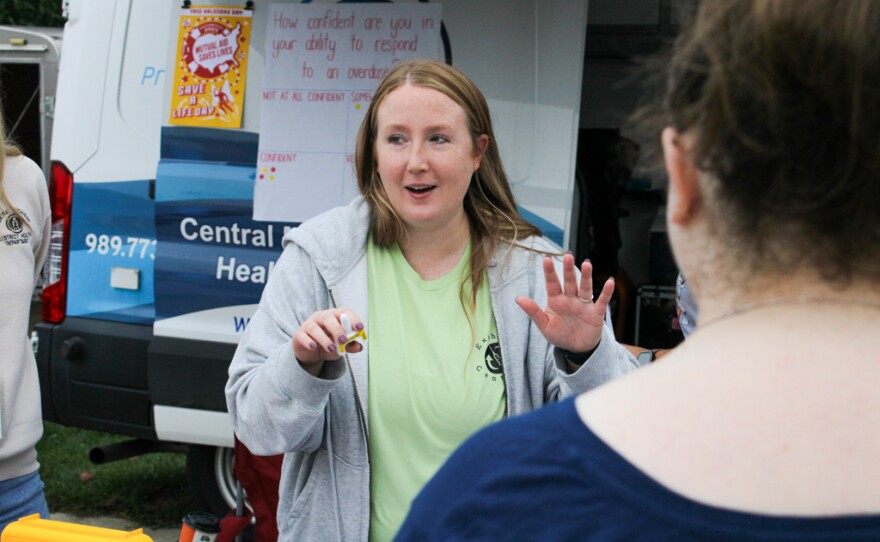 Madison Wisney explains how to administer Nasal Naloxone to attendees of the national Save a Life Day event held at Island Park, Mount Pleasant, Michigan on Thursday, September 25, 2025.