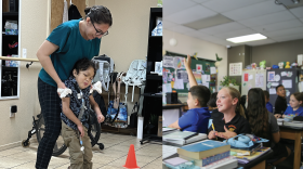Left: Alexis Liggett's son, AJ, during a session with On Trak Physical Therapy, which is also an ESA vendor. Right: Students at Southwestern Christian