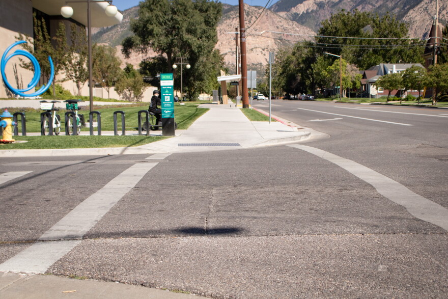 A standard, two-line crosswalk in Ogden, Sept. 9, 2026.