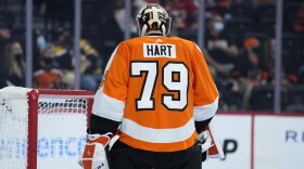 Philadelphia Flyers' Carter Hart plays during a preseason NHL hockey game, Monday, Oct. 4, 2021, in Philadelphia. Hart was one of the five members of Team Canada that won gold at the 2018 World Junior Hockey Championships in Buffalo that was charged with sexual assault for an incident at a London, Ontario hotel.