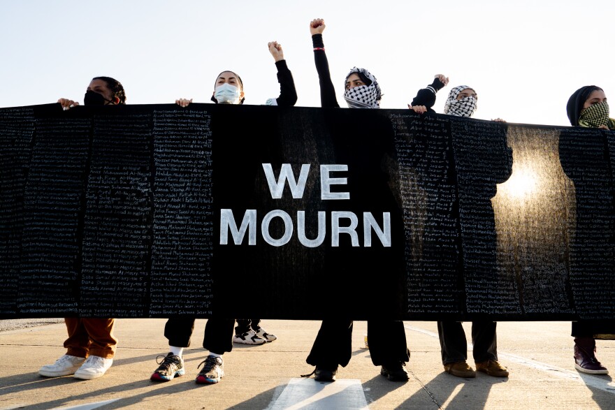 Demonstrators protest on Monday, Nov. 6, 2023, outside of a Boeing facility in St. Charles, Mo. The activists said they wanted to disrupt the manufacturing of weapons to be used in the Israel-Hamas War.