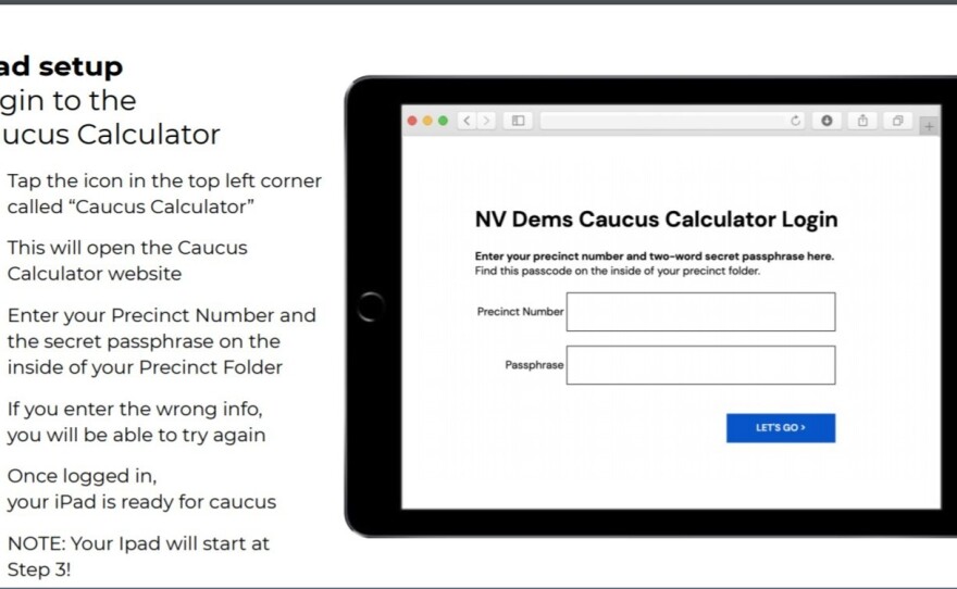A training slide for caucus-day volunteers shows the login screen for the iPad calculator that Nevada Democrats are integrating into their caucuses this year.