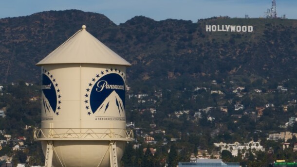 FILE - The Paramount Pictures water tower is seen in Los Angeles, Dec. 18, 2025, with the Hollywood sign in the distance.