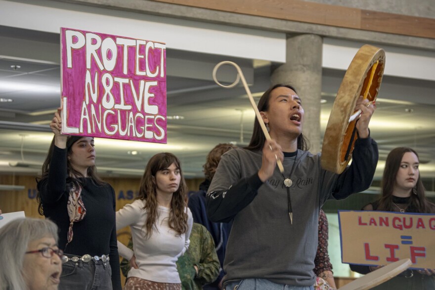Protestors pack the University of Alaska Fairbanks Wood Center on behalf of the Alaska Native Language Center on March 25, 2026.