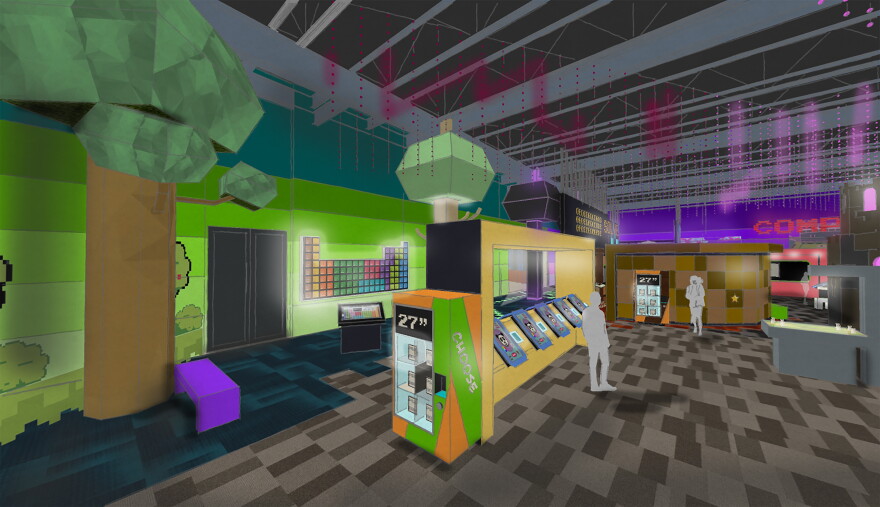 Rendering shows a video game wall and other large tabletop games and other displays to be included in an addition to The Strong National Museum of Play, slated to open in early Summer 2023.