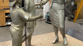 The statue, shown here at about 90% complete, portrays Spencer when she was vice-mayor in 1983-84. Tsuchiya says the overall motif is Juncta Juvant, the city's motto.