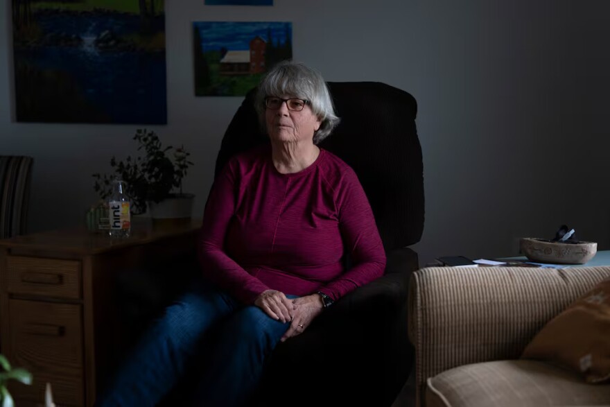 Nancy Schatz, longtime resident of the area near Muddy Creek, poses for a portrait at her home near Harrisburg, Ore. on March 6, 2026. Schatz is one of several neighbors in the area who is opposed to the Muddy Creek solar project, which is set to be on land that flanks her property.