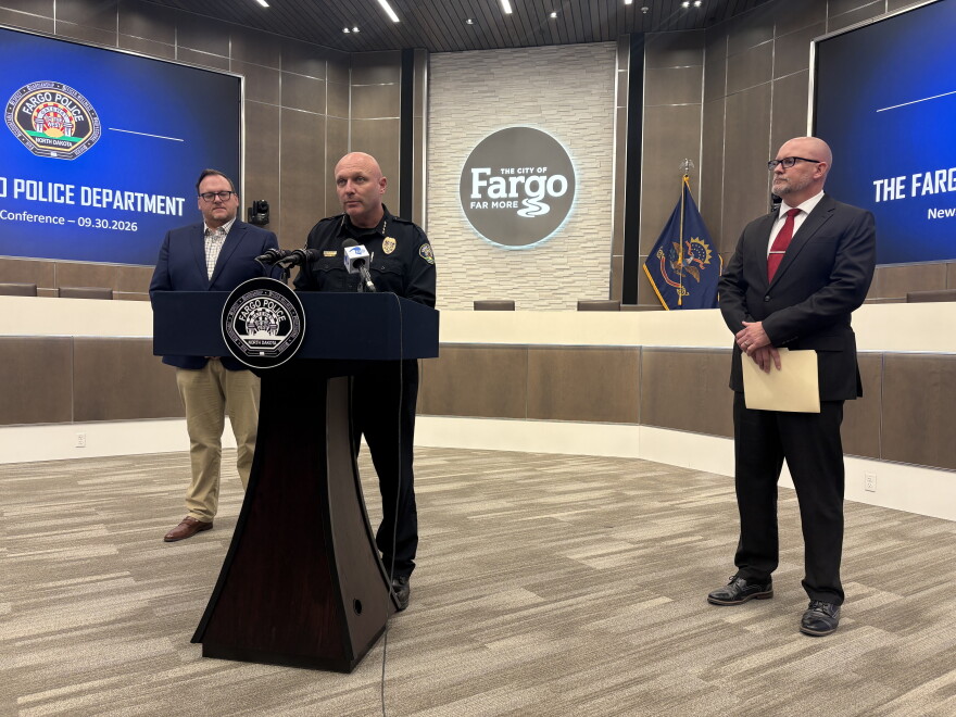 Left to right: Fargo Mayor Josh Boschee, Fargo Police Chief Travis Stefonowicz, and Captain Matt Christensen.