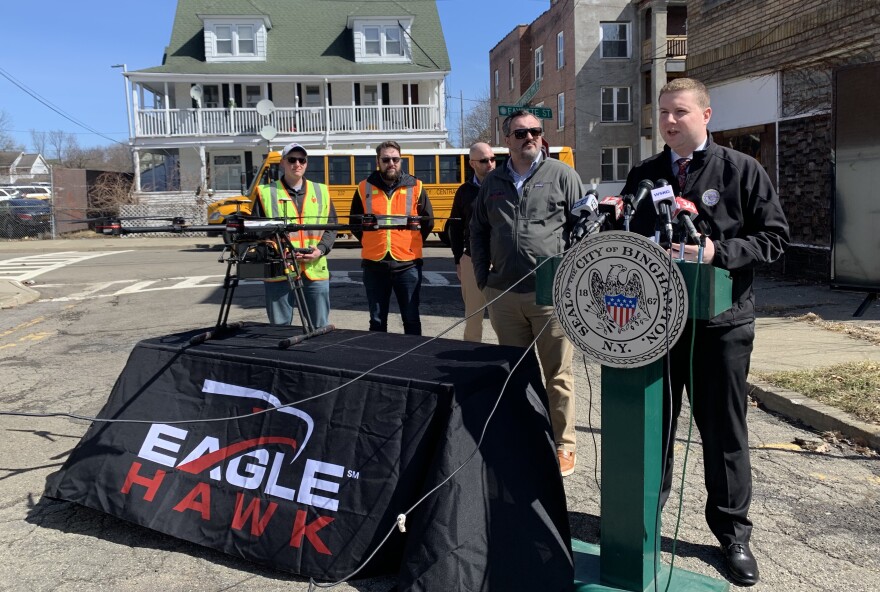 Binghamton Mayor Jared Kraham announced a new drone-based housing inspection initiative on Tuesday. (Jillian Forstadt/WSKG)