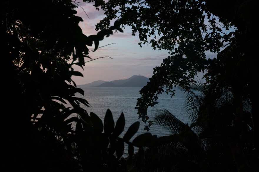 View of volcanoes from Kokopo. The nearby town of Rabaul was smothered by a volcanic eruption in 1994 and most residents relocated elsewhere.