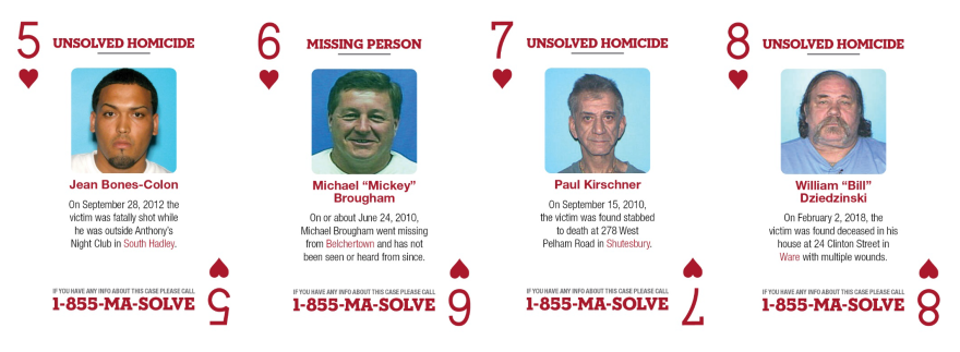 The Northwestern District Attorney's Office submitted four unsolved cases from Hampshire County to be included on the playing cards, which are being distributed in Massachusetts state prisons.