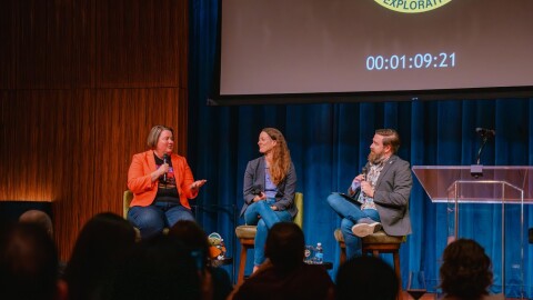UCF's Addie Dove and Kerri Donaldson Hannah speak with Brendan Byrne at the first Space on Tap event at the Judson's Live in Orlando.