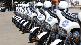 Dallas Police motorcycles parked in a line at the State Fair of Texas.