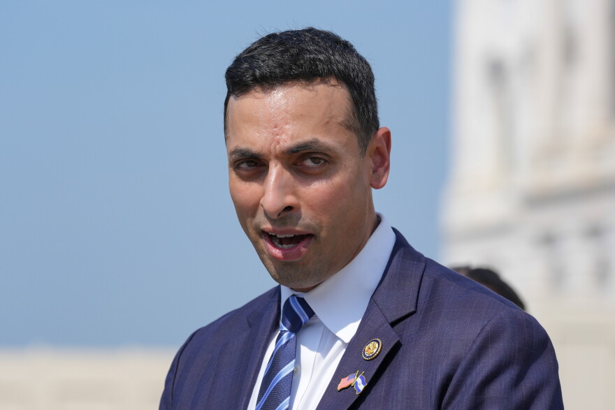 Rep. Suhas Subramanyam, D-Va., speaks during a news conference on the Temporary Protected Status of Salvadorans on Capitol Hill, Wednesday, Sept. 2, 2026, in Washington.