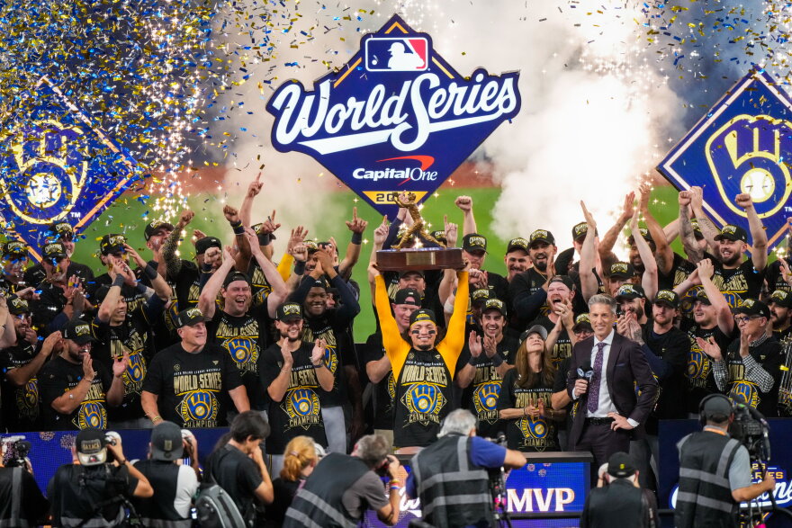 Milwaukee Brewers catcher William Contreras holds the MVP trophy after winning baseball's World Series against the Tampa Bay Rays, Wednesday, Oct. 28, 2026, in St. Petersburg, Fla. (AP Photo/Morry Gash)