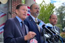 (L-R) U.S. Sen. Richard Blumenthal, Danbury Mayor Roberto Alves, and Danbury state Rep. Farley Santos held a press conference outside Danbury City Hall regarding recent federal immigration enforcement in the city on August 31, 2026.