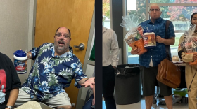 Madera Community College communications director Cory Burkarth, right, is believed to have dressed as professor Todd Kandarian, left, during a Halloween party at Madera Community College on Oct. 31.