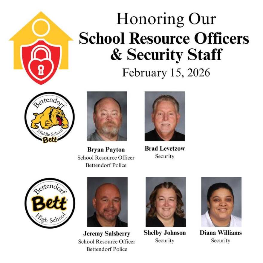 Bettendorf Community School District has had a School Resource Officer program since 1992, currently with two police officers stationed in schools in the district, as well as other security.