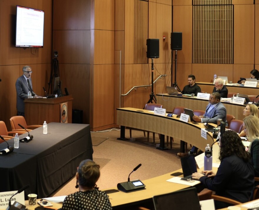 Northwestern University Professor Bernard Black (left) speaks on Oct. 7, 2025 to members of the interim legislative Health and Human Services Committee. (Patrick Lohmann/Source NM)