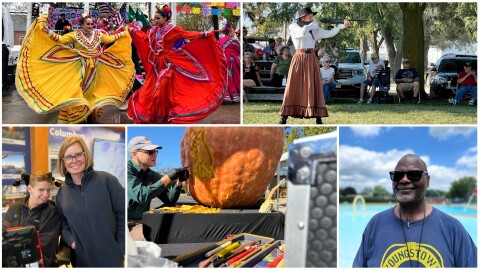 A small number of the hundreds of Ohio neighbors The Ohio Newsroom introduced listeners to this year. Clockwise from top left: dancers at Painesville's Cinco de Mayo celebration; Alia Hunt, "Miss Annie Oakley" sharpshooter competitor; Kevin Tarpley, founder and executive director of the Youngstown Lifeguard Academy; Gus Smithhisler, the 'Squashcarver'; Joel and Heather Buyer, accessible restroom advocates.
