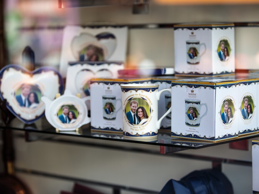 Royal wedding memorabilia sits on display in a shop window in Windsor, England.