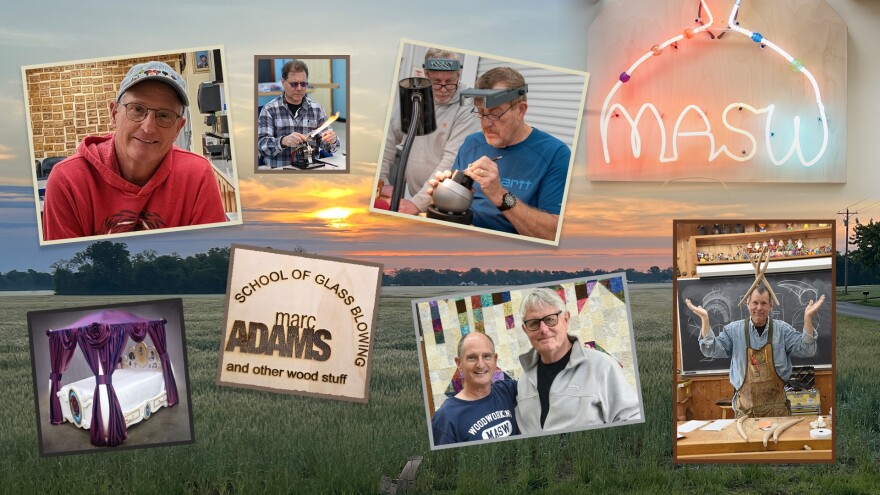 A photo collage featuring workshops and instructors from the Marc Adams School of Woodworking (MASW), set against a sunset landscape background.