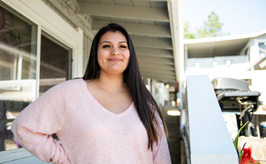 Cheyanne Wright at the apartment building where she lives with her two children in Lakeport, Calif., on May 14.