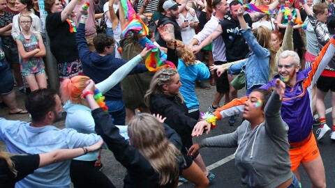 A flash mob performs in front of supporters of the "yes" vote for marriage equality at Melbourne's Result Street Party in Melbourne, Australia, on Wednesday.