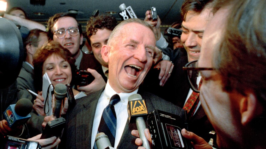 Texas billionaire H. Ross Perot laughs after saying, "Watch my lips," in response to reporters asking when he plans to formally enter the presidential race. Questions came May 5, 1992, in New York City.