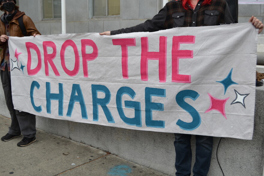 People rallied outside of the courthouse on Bryant St this morning calling on DA Brooke Jenkins to drop the charge