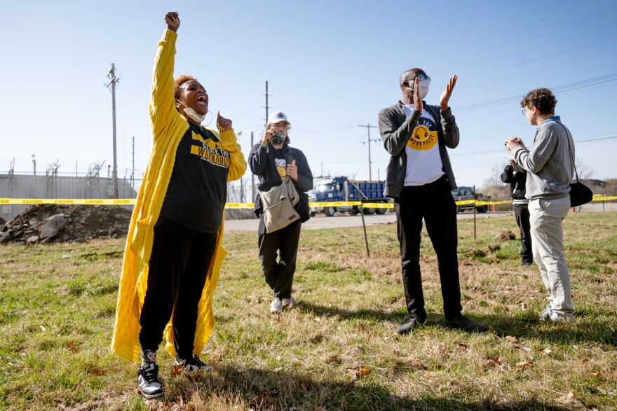 Inez Bordeaux, of the #CloseTheWorkhouse campaign, left, rejoices as the demolition of the Medium Security Institution begins on Tuesday, March 18, 2025, in north St. Louis.