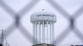 The Flint water plant tower is seen on Jan. 6, 2022, in Flint, Mich. A judge declared a mistrial Thursday after jurors said they couldn't reach a verdict in a dispute over whether two engineering firms should bear some responsibility for Flint's lead-contaminated water.