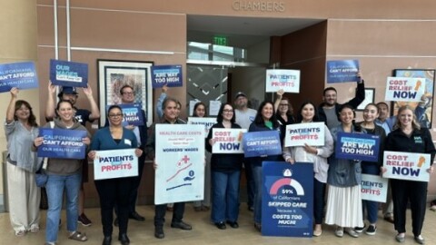 Health care advocates gather at the Monterey County Government Center in Salinas on Thursday to launch a statewide campaign calling for action to address rising medical costs.