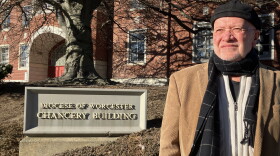 Skip Shea, a survivor of abuse, stands in front of the Worcester Diocese Chancery on January 10, 2025, in a file photograph.