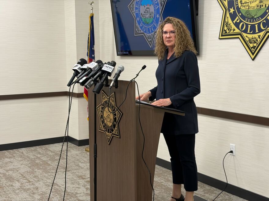 Reno City Manager Jackie Bryant speaking at a Reno Police Department press conference on Tuesday, May 12.