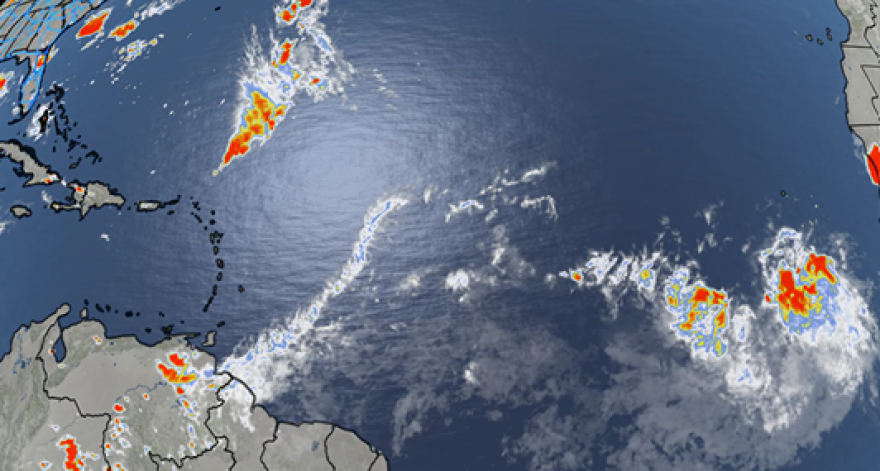 Satellite image showing Invest 96L in the eastern Atlantic Ocean on August 27, 1987.