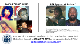An informational slide from the press conference includes photos of Sage Smith, who went missing in 2012; and Erik McFadden, the person of interest in her case, as well as possible aliases he may use.