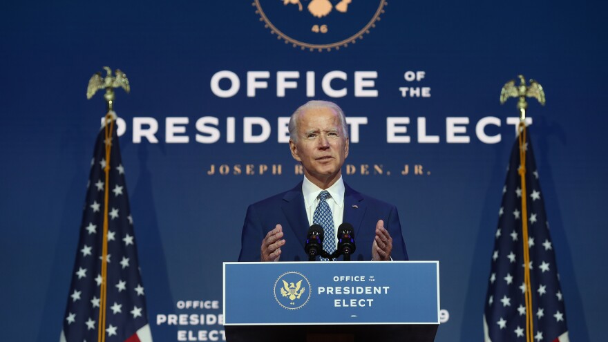 President-elect Joe Biden speaks to the media Monday in Wilmington, Del. The General Services Administration hasn't given Biden's team the resources yet that a presidential transition team traditionally receives.