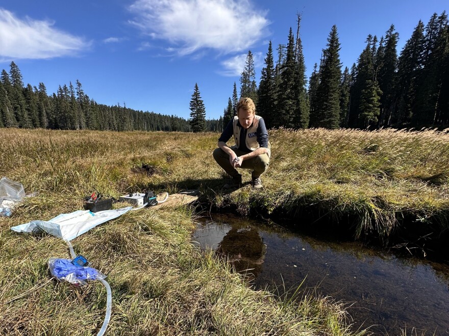 EIS officer Dr. Arran Hamlet  observes a water source being tested for environmental contamination of fecal waste and norovirus.