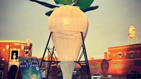 Large, metal sugar beet being displayed. 