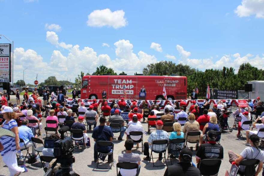 Supporters of President Donald Trump gathered in Kissimmee on Monday to hear Eric Trump and other campaign surrogates speak.  Voters along the I4 Corridor could play a key role in deciding the election in November. Photo: Matthew Peddie, WMFE