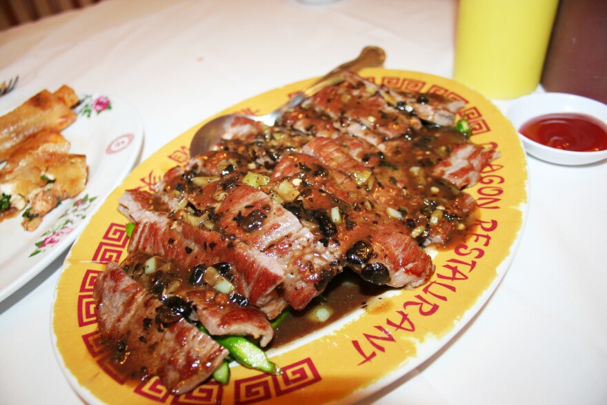 One of the inventive dishes at El Dragon, in Mexicali, Mexico: <em>arrachera</em> beef (great in tacos) with asparagus and black bean sauce.