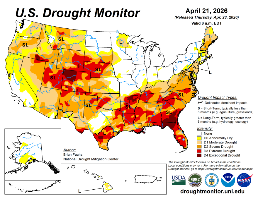 A map of the United States shows varying drought conditions across the west and southern parts of the country. 