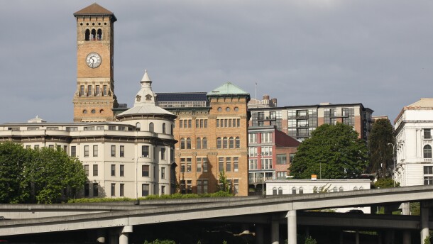 Historic buildings in downtown Tacoma, Wash., including the clock tower of the city's old city hall, are shown Wednesday, May 19, 2010.