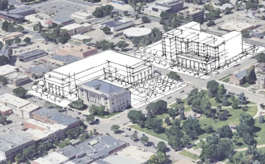An image of downtown Greeley has sketches of proposed new buildings amongst the existing properties and green space. 